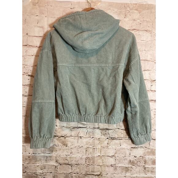 Forever 21 Corduroy Jacket Womens XS Light Sage Green Front Zip Hooded Bomber - Picture 3 of 13